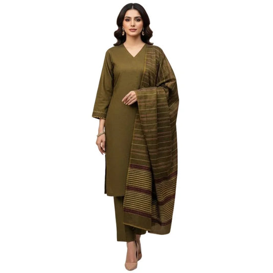 Winter Sussi Silk 3-Piece Suit for Women | Unstitched Plain Shirt & Trouser | Heavy Winter Sussi Shawl | Olive Green