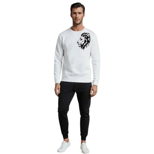 LION Printed White Tracksuit Sweatshirt & Trouser | Warm & Comfortable Winter Wear | Large