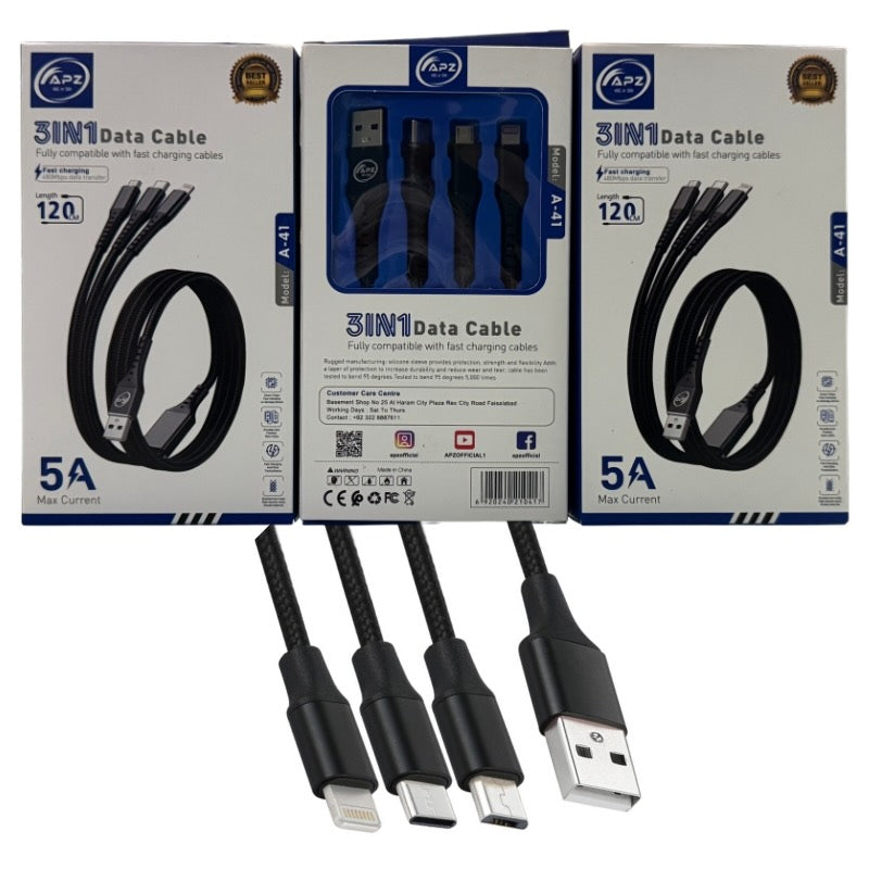 3-in-1 Fast Charging Cable 100W 480Mbps 120cm Type-C Micro Lightning Durable Design