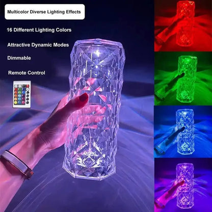 16 Colors Diamond Rose Crystal Touch Lamp | USB Rechargeable Bedside Lamp with Remote