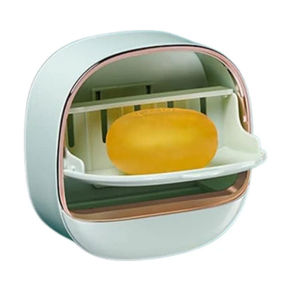 Light Green | Self-Adhesive Wall-Mounted Luxury Soap Holder with Lid and Drainage Tray