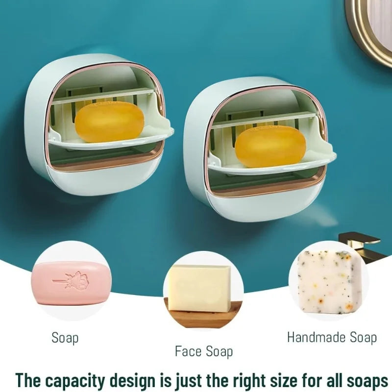 Light Green | Self-Adhesive Wall-Mounted Luxury Soap Holder with Lid and Drainage Tray