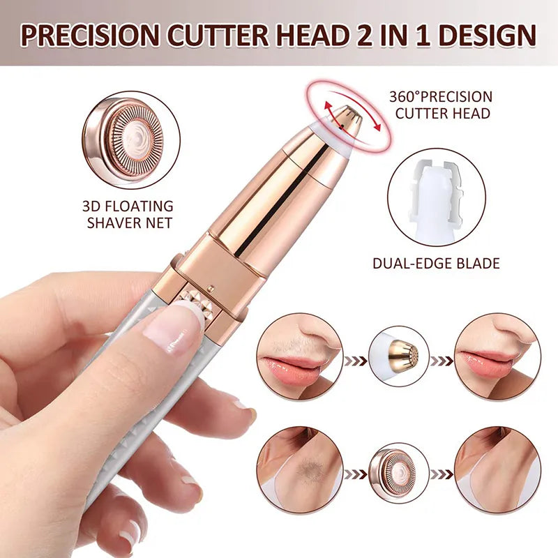 2-in-1 Flawless Facial Hair Remover & Eyebrow Trimmer | USB Rechargeable, Painless & Portable | Silver Color