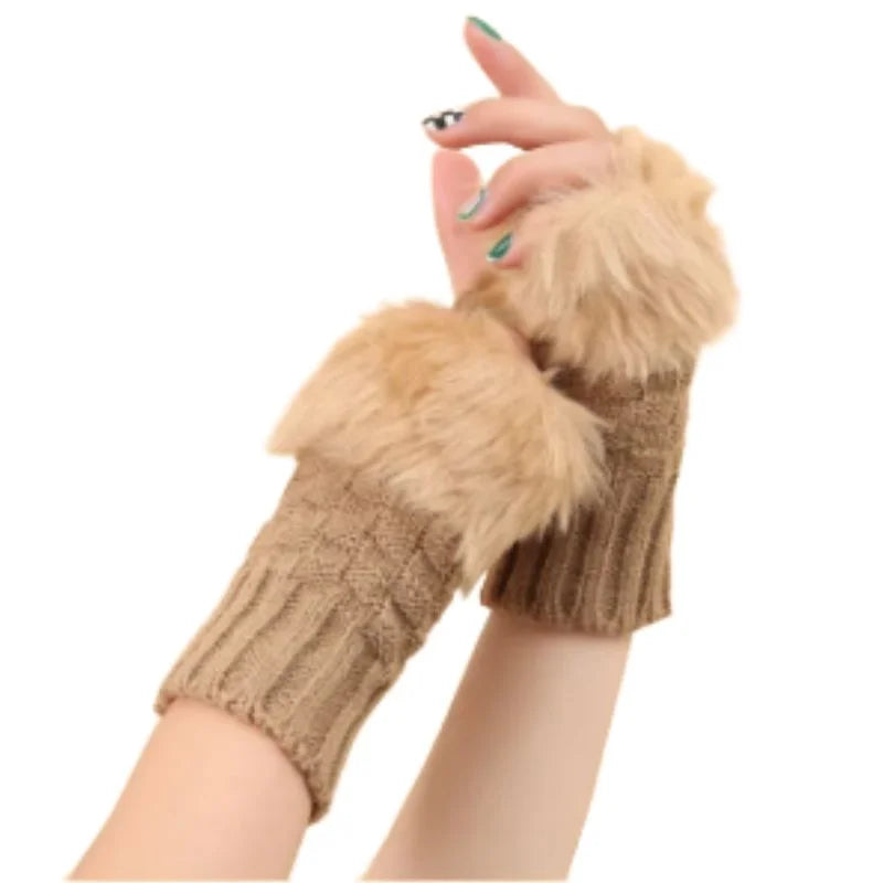 Women’s Faux Fur Fingerless Knitted Gloves | Warm Winter Hand Wrist Warmers | Soft, Stylish & Comfortable | Beige