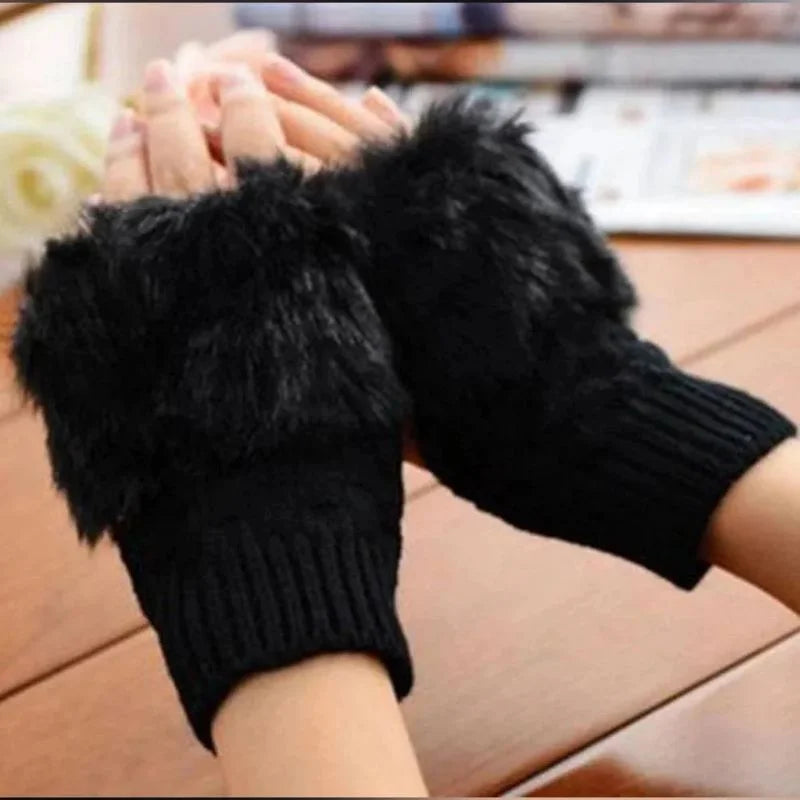 Women’s Faux Fur Fingerless Knitted Gloves | Warm Winter Hand Wrist Warmers | Soft, Stylish & Comfortable | Black