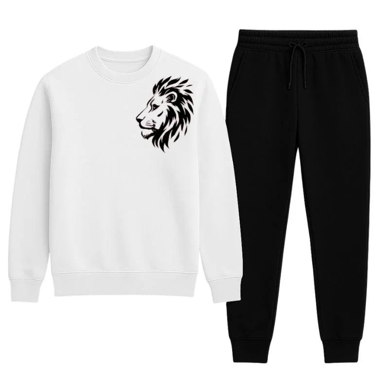 LION Printed White Tracksuit Sweatshirt & Trouser  | Warm & Comfortable Winter Wear | Medium