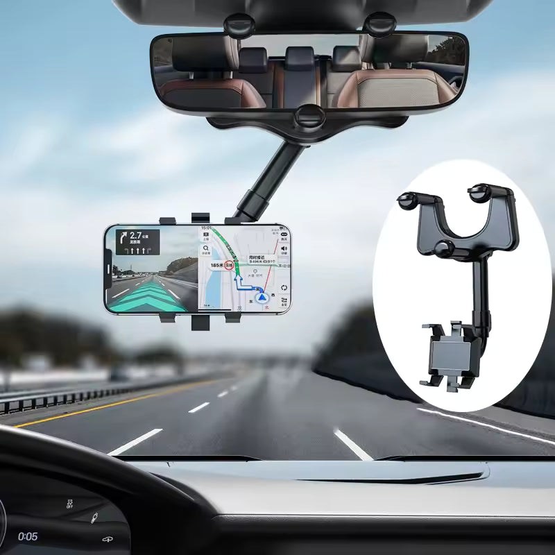 360° Rotatable & Retractable Rearview Mirror Phone Holder | Safe & Convenient Driving Mount