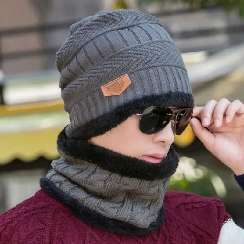 Winter Wool Cap with Neck Warmer Set | Thermal Beanie & Scarf Combo for Men and Women |  Gray