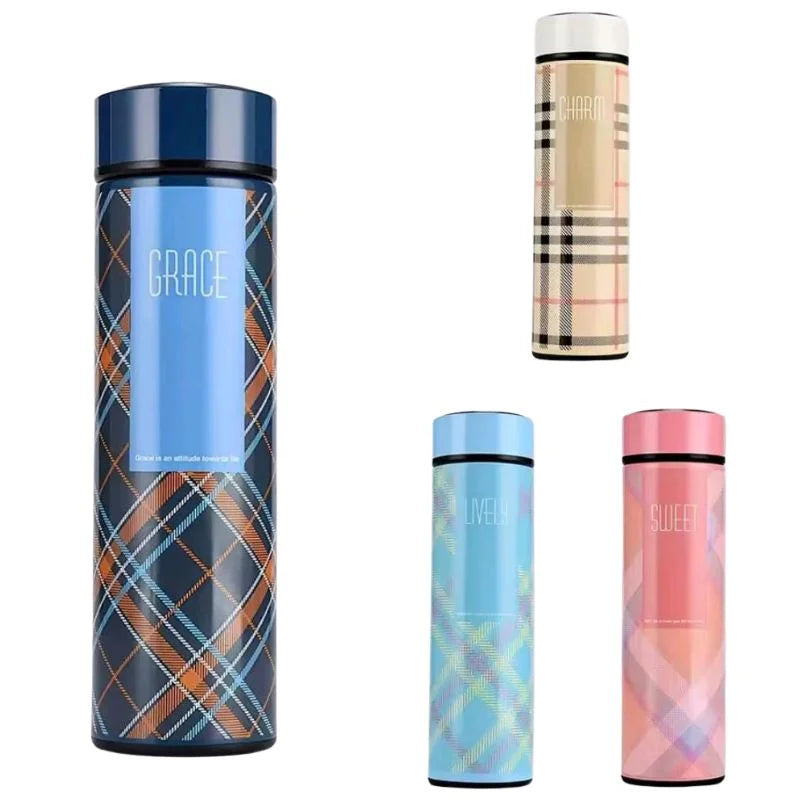 LED Temperature Display Water Bottle | Checkered Design  | Smart Stainless Steel Vacuum 500ml Flask | Random Color