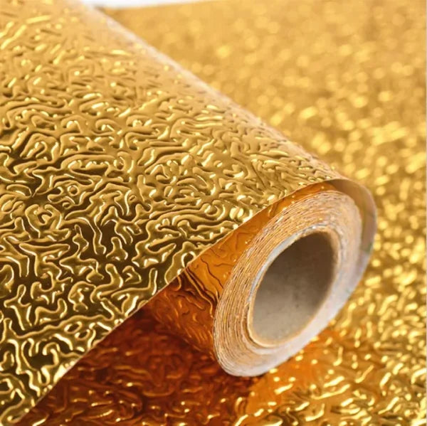 Golden Foil Kitchen Wallpaper Sticker | 60×200cm | Peel & Stick Aluminum Foil Wall Covering | Oil-Proof, Waterproof & Heat-Resistant Decor